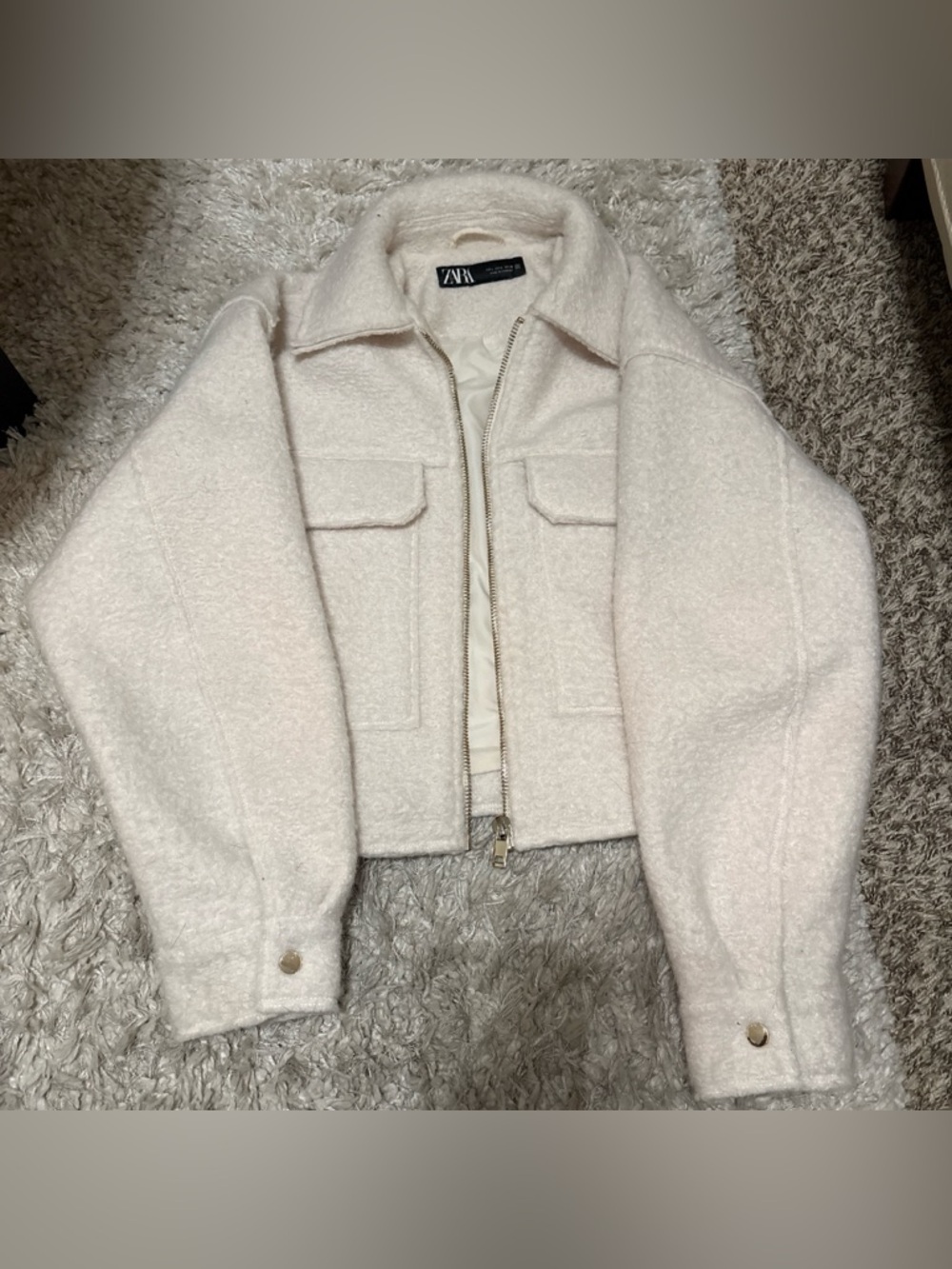 Zara Cream Bouclé Teddy Jacket with Front Zip